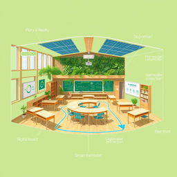 A detailed blueprint for a sustainable classroom, showcasing an eco-friendly design