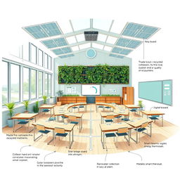 A detailed blueprint for a sustainable classroom, showcasing an eco-friendly design