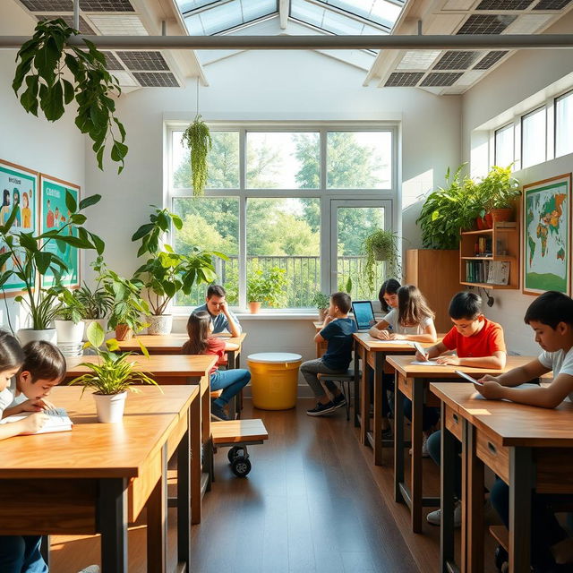 A vibrant and eco-friendly classroom filled with natural light, featuring green plants, wooden desks made from reclaimed materials, and colorful educational posters on the walls