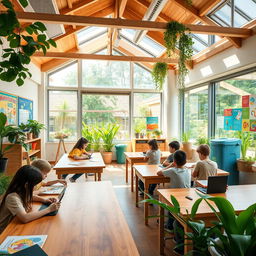 A vibrant and eco-friendly classroom filled with natural light, featuring green plants, wooden desks made from reclaimed materials, and colorful educational posters on the walls