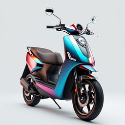 A premium electric scooter with a sleek, aerodynamic body showcasing a vibrant metallic finish
