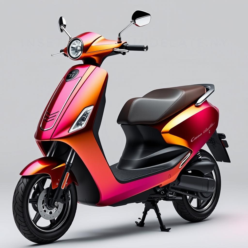 A premium electric scooter with a sleek, aerodynamic body showcasing a vibrant metallic finish