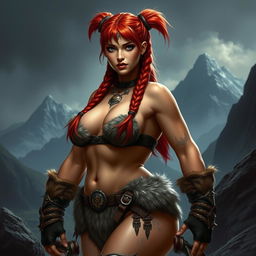 A high fantasy D&D style female dwarf barbarian with striking red hair styled in long braided pigtails