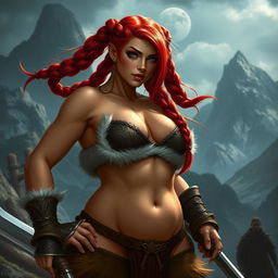 A high fantasy D&D style female dwarf barbarian with striking red hair styled in long braided pigtails