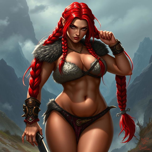 A high fantasy D&D style female dwarf barbarian with striking red hair styled in long braided pigtails