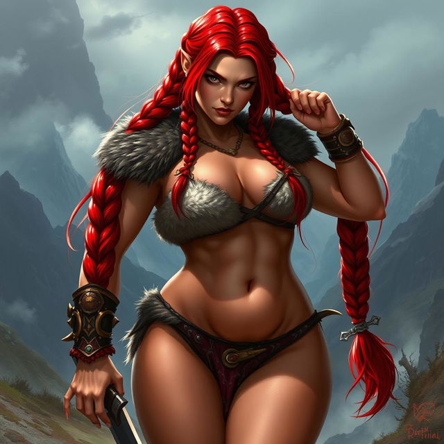 A high fantasy D&D style female dwarf barbarian with striking red hair styled in long braided pigtails