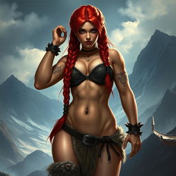 A high fantasy D&D style female dwarf barbarian with striking red hair styled in long braided pigtails