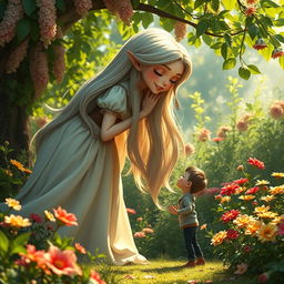 A giantess girl with flowing long hair, wearing a flowing dress, gently leaning down to kiss a tiny man who is standing on the ground