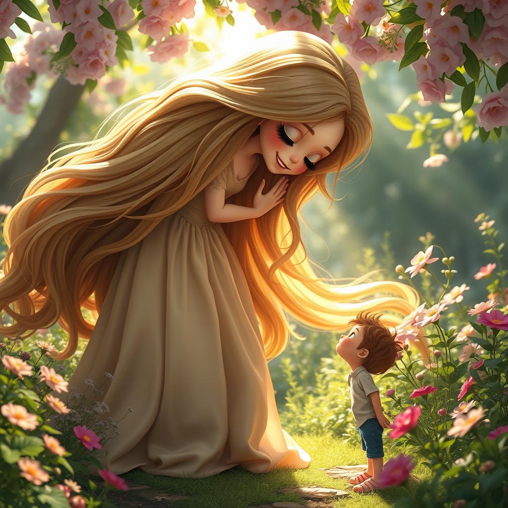 A giantess girl with flowing long hair, wearing a flowing dress, gently leaning down to kiss a tiny man who is standing on the ground