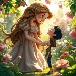 A giantess girl with flowing long hair, wearing a flowing dress, gently leaning down to kiss a tiny man who is standing on the ground