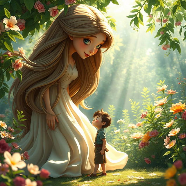 A giantess girl with flowing long hair, wearing a flowing dress, gently leaning down to kiss a tiny man who is standing on the ground