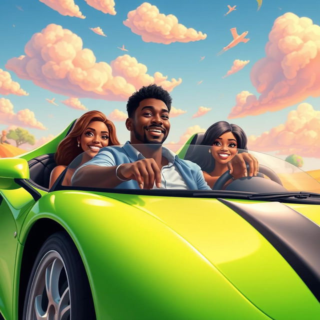 A handsome Black man confidently driving a vibrant green sports car, with two stunning women seated beside him