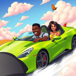 A handsome Black man confidently driving a vibrant green sports car, with two stunning women seated beside him