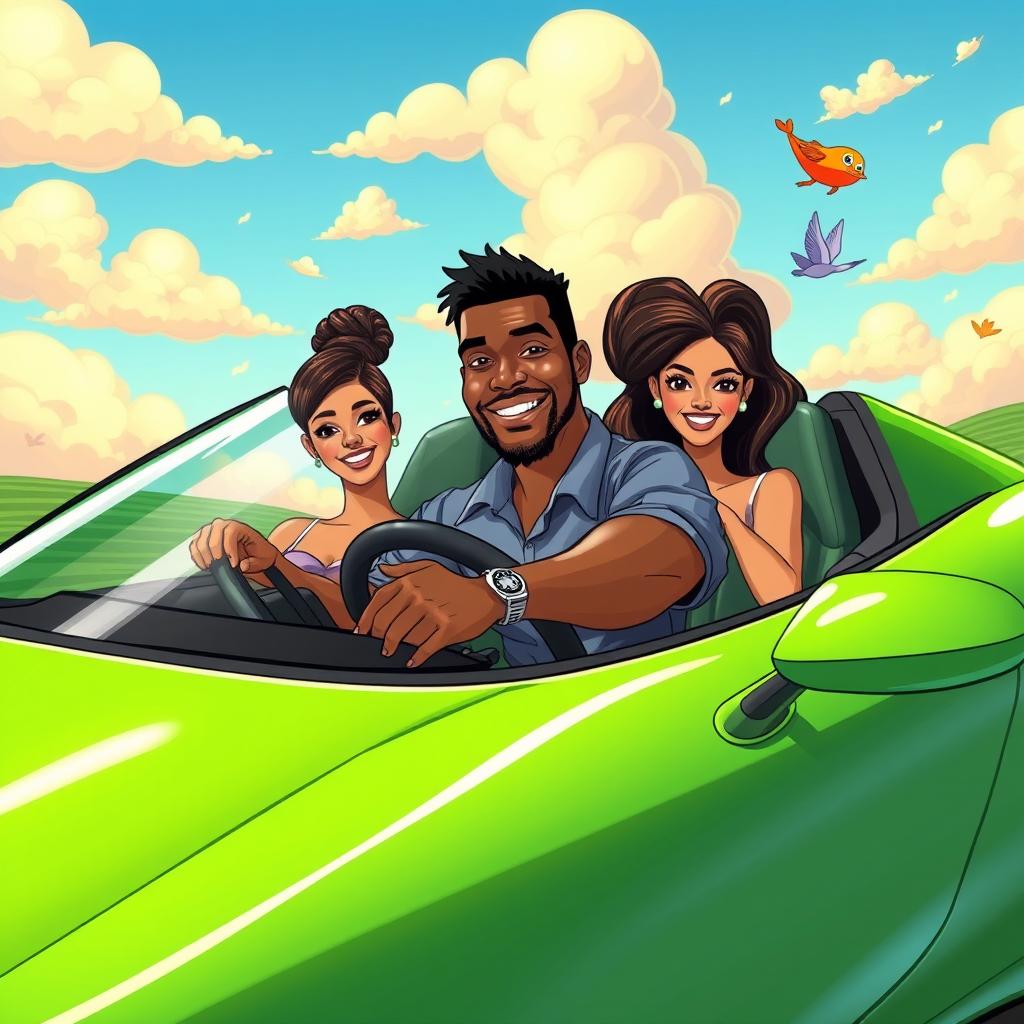 A handsome Black man confidently driving a vibrant green sports car, with two stunning women seated beside him