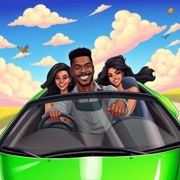 A handsome Black man confidently driving a vibrant green sports car, with two stunning women seated beside him