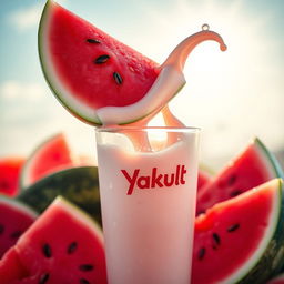 A refreshing image of a vibrant watermelon sliced in half, with bright red juicy fruit and glistening black seeds, blending seamlessly into a creamy swirl of Yakult yogurt drink