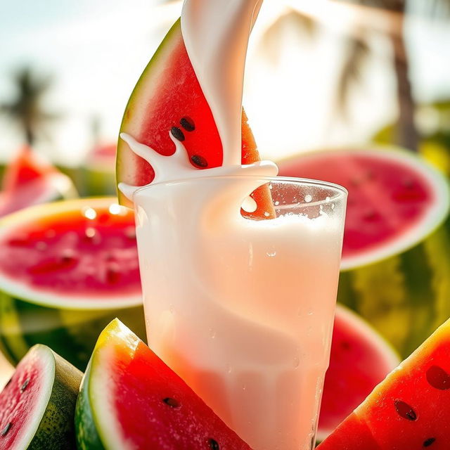 A refreshing image of a vibrant watermelon sliced in half, with bright red juicy fruit and glistening black seeds, blending seamlessly into a creamy swirl of Yakult yogurt drink