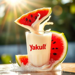 A refreshing image of a vibrant watermelon sliced in half, with bright red juicy fruit and glistening black seeds, blending seamlessly into a creamy swirl of Yakult yogurt drink