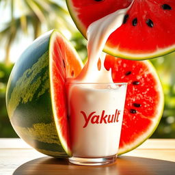A refreshing image of a vibrant watermelon sliced in half, with bright red juicy fruit and glistening black seeds, blending seamlessly into a creamy swirl of Yakult yogurt drink