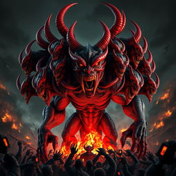 A striking 3D representation of the demon Raktabeej, featuring a multitude of heads, all vividly colored in shades of red