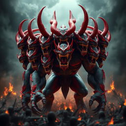 A striking 3D representation of the demon Raktabeej, featuring a multitude of heads, all vividly colored in shades of red