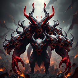 A striking 3D representation of the demon Raktabeej, featuring a multitude of heads, all vividly colored in shades of red