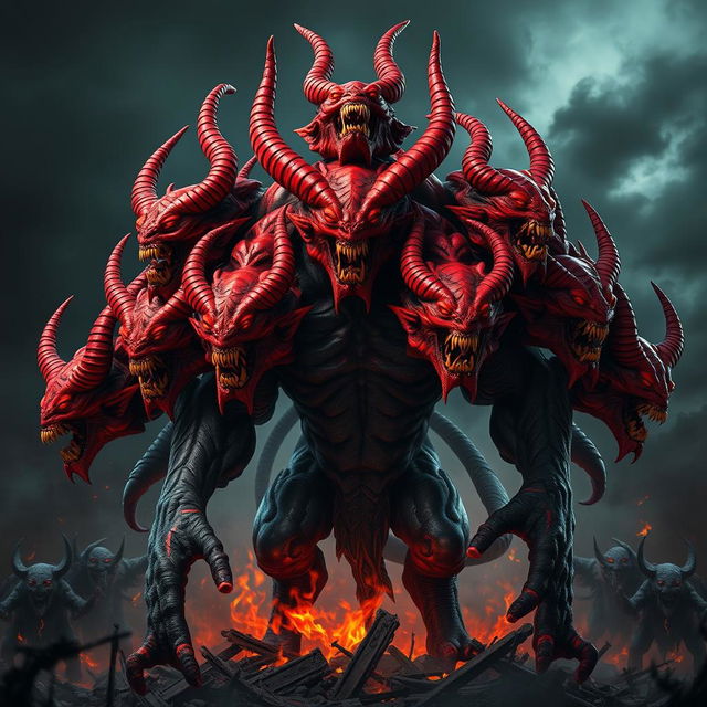 A striking 3D representation of the demon Raktabeej, featuring a multitude of heads, all vividly colored in shades of red