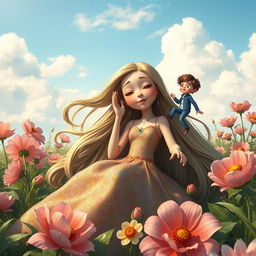 A whimsical scene depicting a giantess girl playfully eating a tiny man