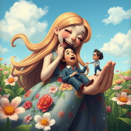 A whimsical scene depicting a giantess girl playfully eating a tiny man