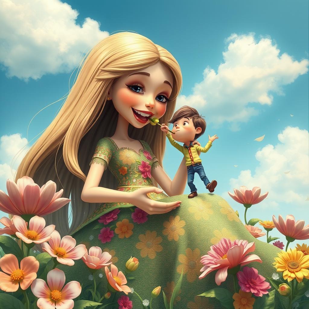 A whimsical scene depicting a giantess girl playfully eating a tiny man
