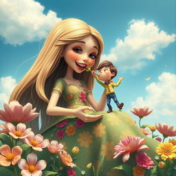 A whimsical scene depicting a giantess girl playfully eating a tiny man