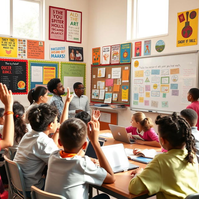 A vibrant classroom with students actively engaged in learning, focusing on a variety of subjects such as math, science, and art