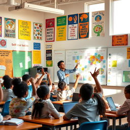 A vibrant classroom with students actively engaged in learning, focusing on a variety of subjects such as math, science, and art