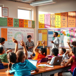A vibrant classroom with students actively engaged in learning, focusing on a variety of subjects such as math, science, and art