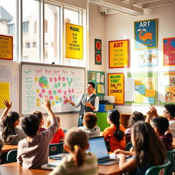 A vibrant classroom with students actively engaged in learning, focusing on a variety of subjects such as math, science, and art
