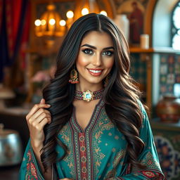 A stunning, attractive Arab woman in traditional attire, showcasing her beauty and elegance