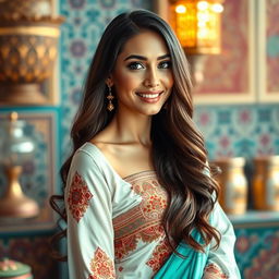 A stunning, attractive Arab woman in traditional attire, showcasing her beauty and elegance