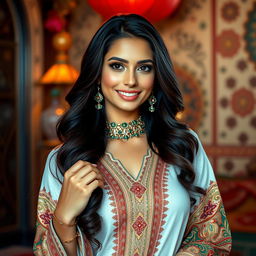 A stunning, attractive Arab woman in traditional attire, showcasing her beauty and elegance