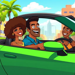 An animated scene featuring a man and two women of color, enjoying a drive in a sporty green car