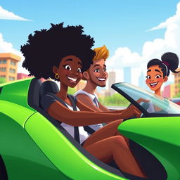 An animated scene featuring a man and two women of color, enjoying a drive in a sporty green car