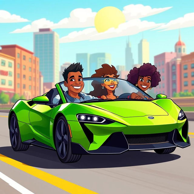 An animated scene featuring a man and two women of color, enjoying a drive in a sporty green car