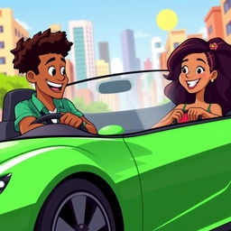 An animated scene featuring a man and two women of color, enjoying a drive in a sporty green car