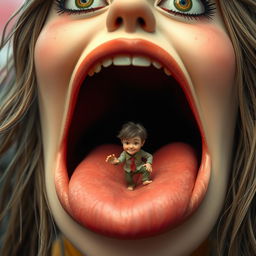 A fantastical scene featuring a tiny man inside the mouth of a giantess girl, showcasing a playful and whimsical atmosphere