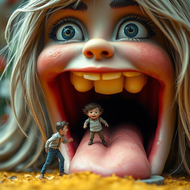 A fantastical scene featuring a tiny man inside the mouth of a giantess girl, showcasing a playful and whimsical atmosphere