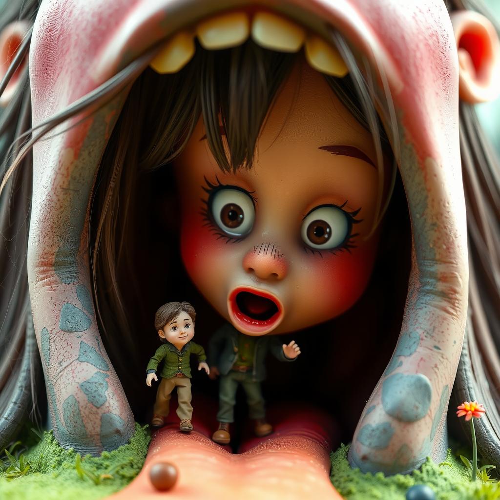 A fantastical scene featuring a tiny man inside the mouth of a giantess girl, showcasing a playful and whimsical atmosphere