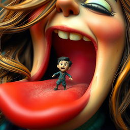 A fantastical scene featuring a tiny man inside the mouth of a giantess girl, showcasing a playful and whimsical atmosphere