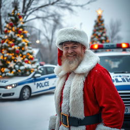 A Russian policeman dressed as Santa Claus standing cheerfully in a snowy winter landscape