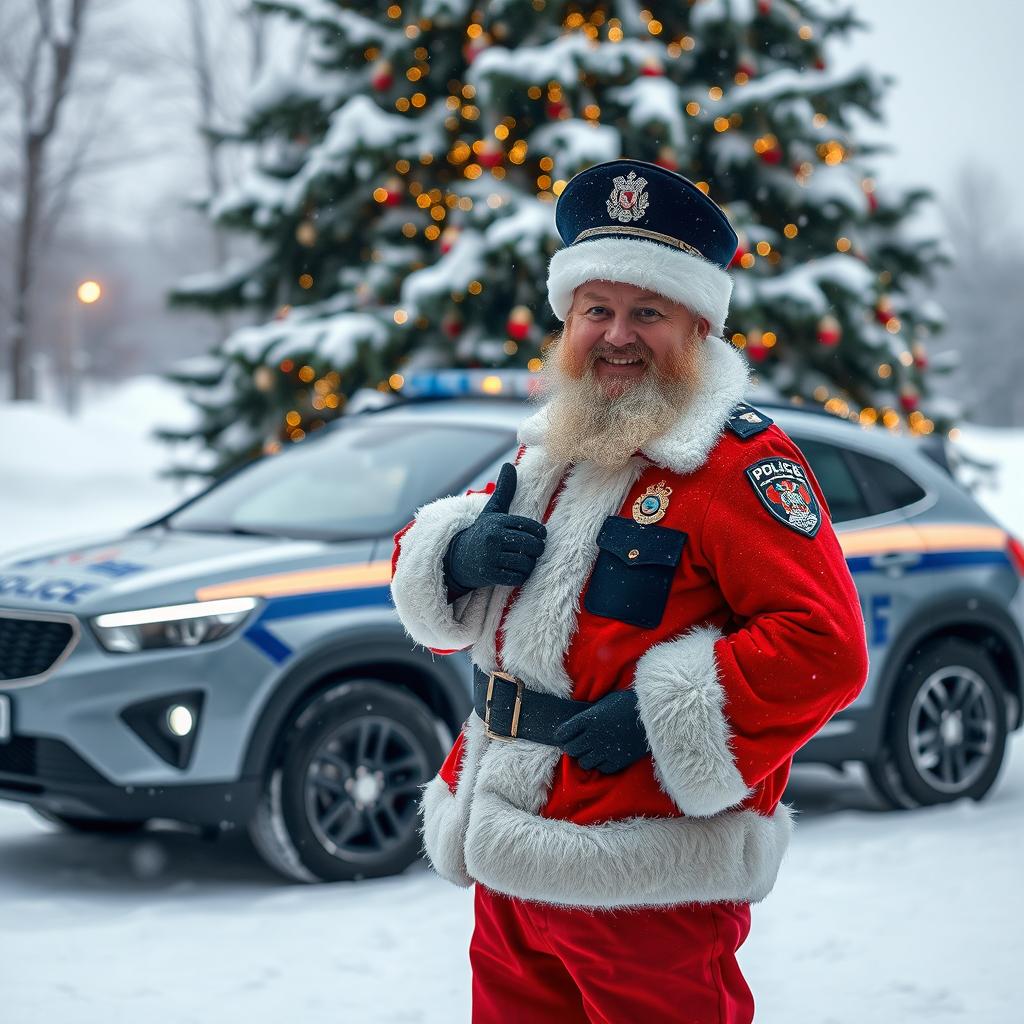 A Russian policeman dressed as Santa Claus standing cheerfully in a snowy winter landscape