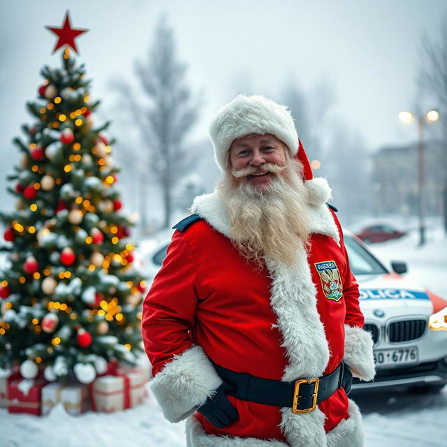 A Russian policeman dressed as Santa Claus standing cheerfully in a snowy winter landscape
