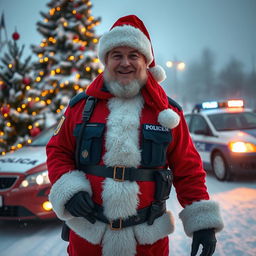 A Russian policeman dressed as Santa Claus standing cheerfully in a snowy winter landscape